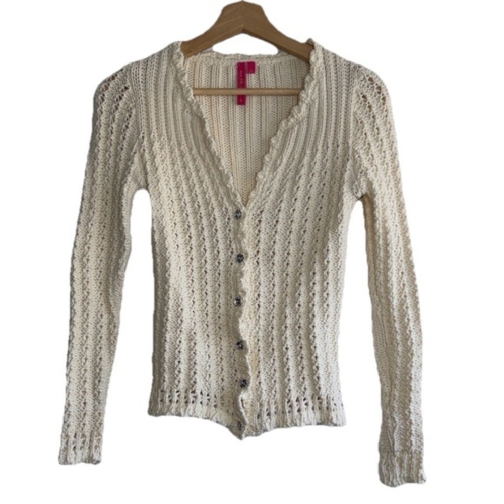 Charlotte Tarantola Cream Crochet Long Sleeve Sweater Jewel Buttons Sz. S